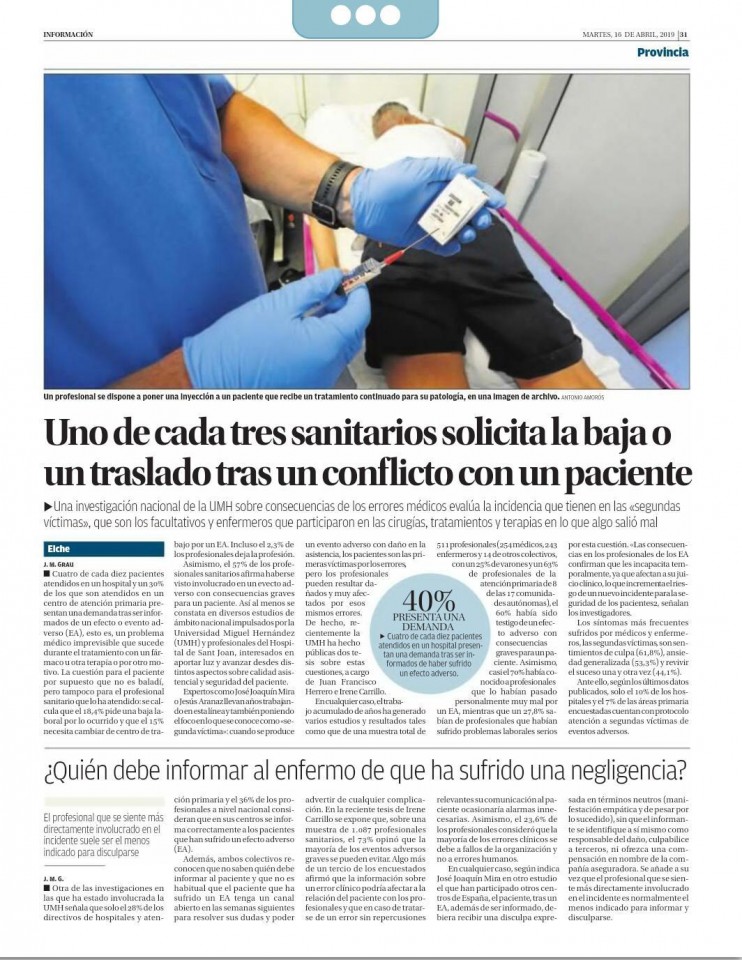 El Diario Información se hace eco de los resultados del proyecto sobre segundas víctimas